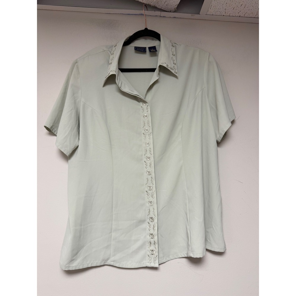 Laura Scott Blouse Womens 18 Sage Green Excellent Embroidered Button Up Short
